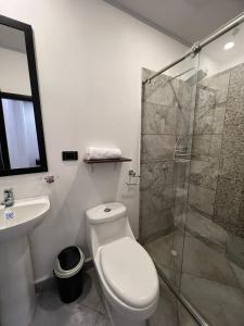 马里基塔Katara Boutique Hotel的一间带卫生间和玻璃淋浴间的浴室