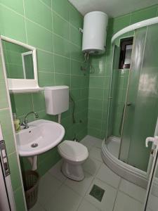 多布拉沃达Apartments Normannia的绿色浴室设有卫生间和水槽