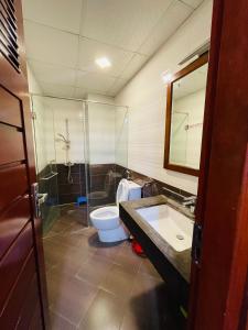 河内NINE HOUSING Truc Bach的浴室配有卫生间、淋浴和盥洗盆。