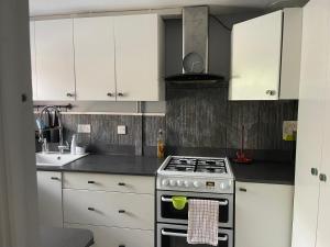 TevershamRoom in family home的厨房配有白色橱柜和炉灶烤箱。