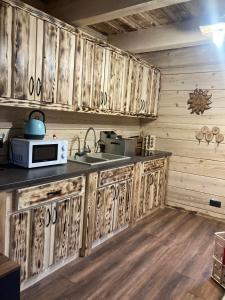 BžanyChata Peťo的一间带木制橱柜和微波炉的厨房