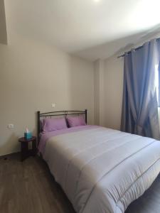 特里波利斯Aithra 2的卧室配有一张带紫色枕头的大型白色床。