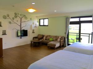 礁溪田念民宿的一间卧室配有一张床、一张沙发和一台电视。