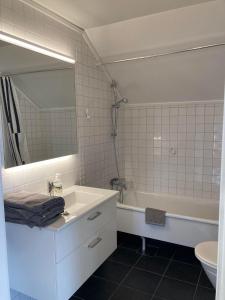 哥德堡Luxury Villa - Villa Seaside的一间带水槽、浴缸和镜子的浴室