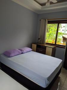 布卢梅瑙iUP HOUSE Hostel的一间卧室配有一张带紫色枕头的床和窗户。