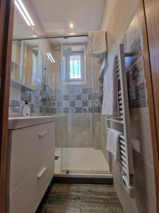 昂吉安班斯Appartement Enghien-les-Bains的带淋浴的浴室和玻璃门