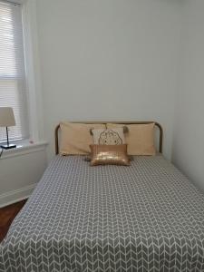 芝加哥Logan Square Modern Apartment的卧室内的一张带灰色棉被的床