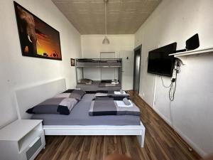 杜塞尔多夫Eva's Hostel - Self Check-In & Room Just For You Alone的一间卧室配有一张床和一台平面电视