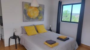 楼尔"Oliveiras" Appartement typique avec terrasse et piscine的一间卧室配有一张带黄色枕头的床和一扇窗户