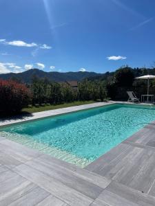 贝韦里诺VILLA DELLE ROSE CINQUE TERRE的庭院里的一个蓝色海水游泳池
