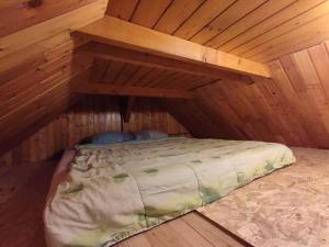拉多夫吉卡Beehive cabin on a farm的阁楼间 - 带木制客房内的一张床