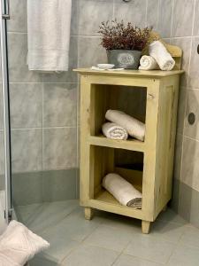 木洛希尼Apartments Gabri的带毛巾的浴室内的木架
