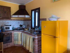 兰佩杜萨Villa Maveda, un dammuso immerso nel verde的厨房配有黄色冰箱和水槽