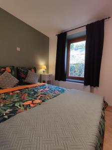 迪南巴拿马住宿加早餐旅馆的一间卧室设有一张大床和一个窗户。