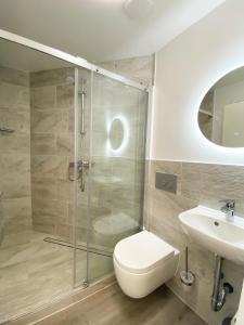 布劳讷贝格FeWo Sonnenlay - Apartments an der Mosel的带淋浴、卫生间和盥洗盆的浴室