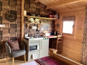格拉斯哥Auchenlea lodges的小屋内的厨房配有炉灶和椅子