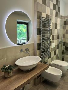 德罗内罗Tenuta Rella的一间带水槽、镜子和卫生间的浴室