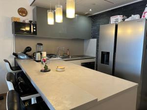 蒙特卡罗Studio à Monaco Fontvieille的厨房配有柜台和冰箱。