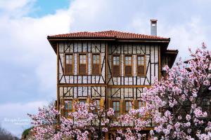 番红花城Meymune Valide Konağı的前面有粉红色花卉的建筑