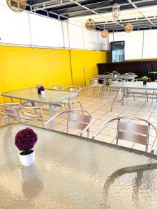 墨西哥城Hotel Amigo Suites的配有桌椅的房间和黄色的墙壁