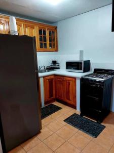 曼德维尔Comfort Cottage at the Grove的厨房配有黑色冰箱和木制橱柜。