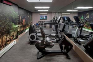 纽约纽约曼哈顿/第五大道万怡酒店的健身房设有一排有氧自行车和跑步机