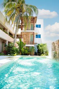 卡门城Casa Viento Hotel的棕榈树建筑前的游泳池