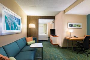 奥斯汀南奥斯丁春季山丘套房酒店的酒店客房设有沙发、书桌和床。