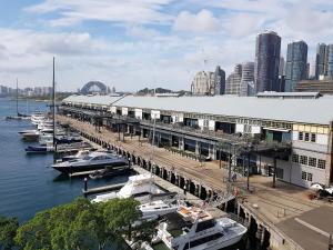 悉尼Spacious & Cosy 2 Bedroom Apartment in Darling Harbour的水中和城市中拥有船只的码头
