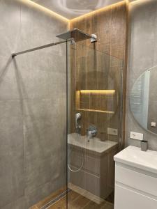 利沃夫VIP Apartmens Avalon的浴室里设有玻璃门淋浴