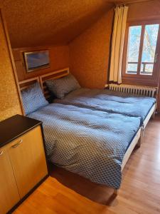 翁根Traditional chalet in Wengen - Top Floor的一间卧室设有一张床和一个窗口
