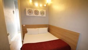 巴塞罗那Paraiso Hostel的小房间,配有一张带红色毯子的床