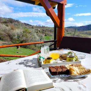 RaškaVujanac vikend kuća的一张桌子,上面有一盘食物和一本书