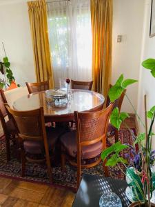 圣地亚哥Guest House GAAM Las Condes的一张餐桌和椅子,位于带桌子和窗户的房间里