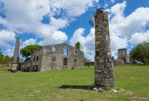 大博格Résidence KAYA, Marie-Galante的一座古老的石头建筑,在田野上有两个塔