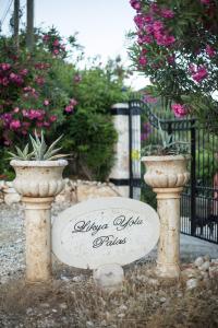 Kapaklı里克雅约卢帕拉斯酒店的两个盆栽植物的大门前的标志
