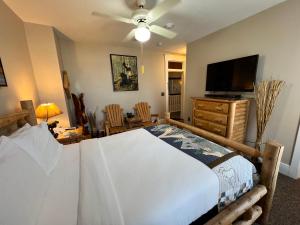 布兰森Historic Branson Hotel - Hide-A-Way Room with Queen Bed - Downtown - FREE TICKETS INCLUDED的一间卧室配有一张大床和一台平面电视