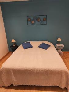 Saint-Mard-lès-RouffyGîte Les Rouffy的一间卧室配有一张带蓝色墙壁的大床