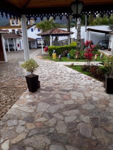 蒂拉登特斯Hotel Ponta do Morro的庭院上种有盆栽植物的石头人行道