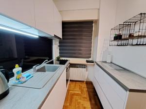 萨格勒布周五公寓的白色的厨房设有水槽和窗户
