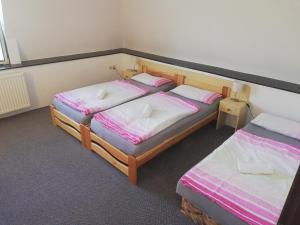 利托韦尔Penzion Nová Ves的配有粉红色和白色床单的客房内的两张床
