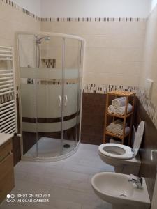 莫拉-迪巴里Carone home的带淋浴、卫生间和盥洗盆的浴室