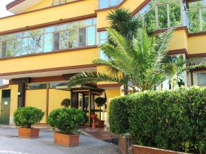 马诺卡尔扎蒂克里斯特尔酒店的一座黄色的建筑,前面有棕榈树