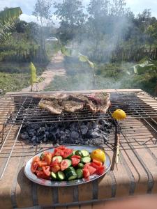 克雷马斯蒂Azalea garden appartment with mountain view的烤架上一盘蔬菜和肉