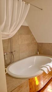 巴特黑雷纳尔布Villa Johanna的浴室内设有一个大型白色浴缸,配有窗帘