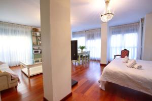 昆卡Apartamentos Chvictoria的一间卧室设有一张床和一间客厅。