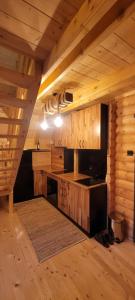 Crni VrhApartmani Prica的小木屋内的厨房设有木墙