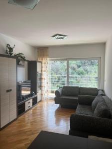布德瓦Monterus apartment with sea view in Becici的带沙发和大窗户的客厅