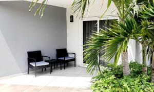 棕榈滩Arena Condominium Aruba的植物间里两把椅子和一张桌子