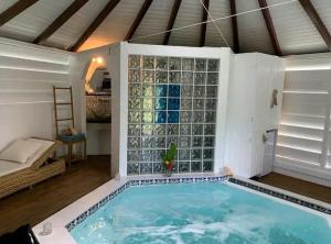 莱斯巴斯Le grand palm gîte tobago的一个带大玻璃墙的房间的游泳池